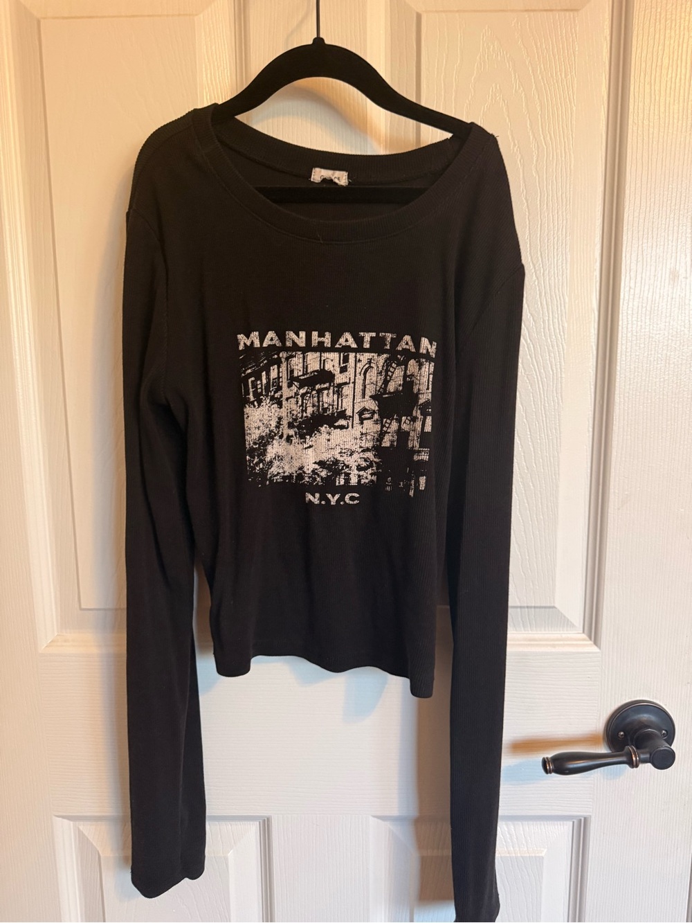 Garage Manhattan NYC Graphic Ribbed Long Sleeve Top Black M Y2K